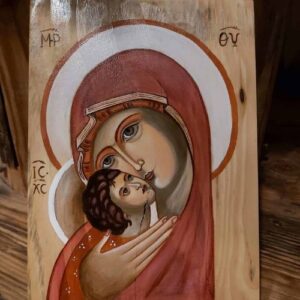 Matka Boska Eleusa, ręcznie malowana ikona na drewnie, figurka religijna, bieszczadzkie rękodzieło na prezent.