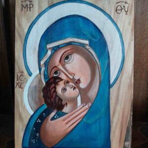 Błękitna ikona Eleusa, ręcznie malowany obraz na drewnie, Matka Boża z Dzieciątkiem, bieszczadzkie rękodzieło, prezent.
