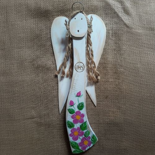 Ręcznie malowany drewniany anioł komunijny – "Barwinek"