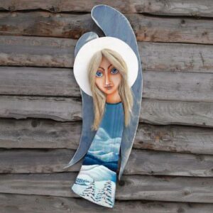 Boski Anioł, ręcznie robiona drewniana figurka z malowanym bieszczadzkim krajobrazem, unikalny prezent, rękodzieło.