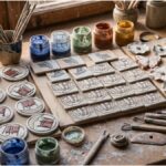 Surowe magnesy bieszczadzkie leżące na rustykalnym drewnianym stole w pracowni ceramicznej. Wokół schnących glinianych form z motywami plecaków, ciężkich butów i polnych kwiatów rozłożone są pędzle, narzędzia rzeźbiarskie oraz otwarte słoiczki z kolorowym szkliwem.