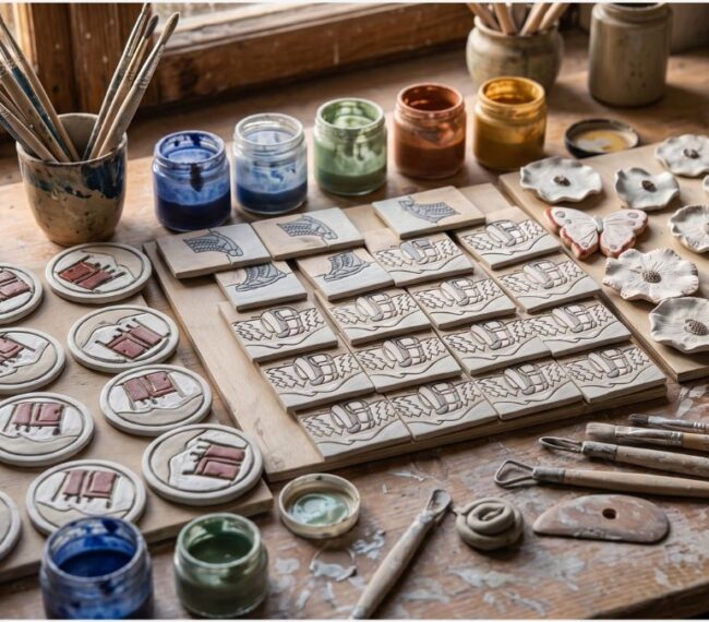 Surowe magnesy bieszczadzkie leżące na rustykalnym drewnianym stole w pracowni ceramicznej. Wokół schnących glinianych form z motywami plecaków, ciężkich butów i polnych kwiatów rozłożone są pędzle, narzędzia rzeźbiarskie oraz otwarte słoiczki z kolorowym szkliwem.