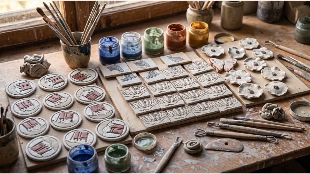 Surowe magnesy bieszczadzkie leżące na rustykalnym drewnianym stole w pracowni ceramicznej. Wokół schnących glinianych form z motywami plecaków, ciężkich butów i polnych kwiatów rozłożone są pędzle, narzędzia rzeźbiarskie oraz otwarte słoiczki z kolorowym szkliwem.