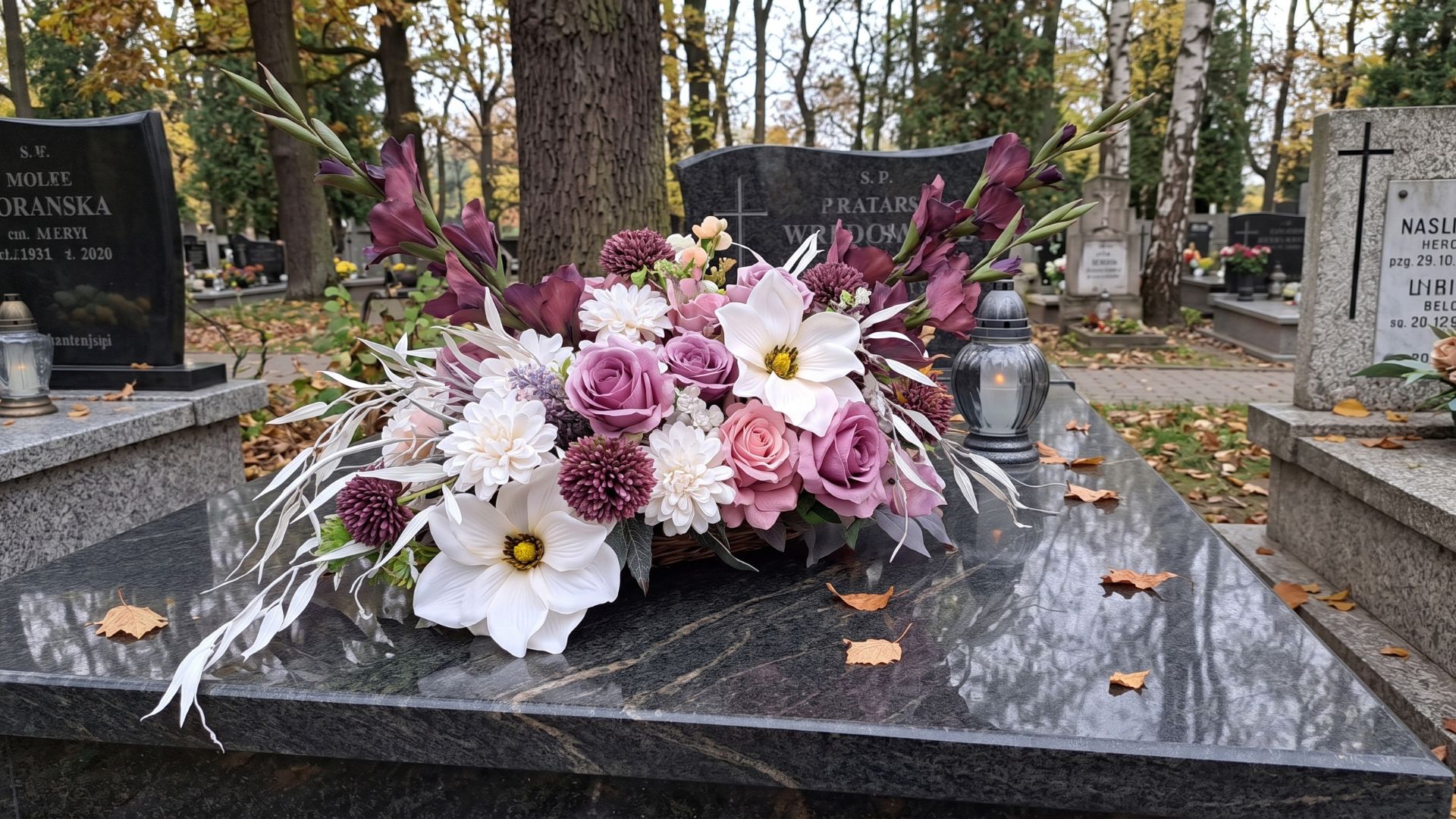 Elegancka wiązanka nagrobna w odcieniach fioletu, różu i bieli, leżąca na ciemnym, granitowym nagrobku. Obok kompozycji kwiatowej stoi szklany znicz na tle jesiennego cmentarza.
