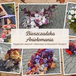 Kolaż zdjęć prezentujący drewniany sklep oraz pięć różnych kompozycji kwiatowych. W centrum widnieje jasny prostokąt z napisem "Bieszczadzka Aniołomania. Wyjątkowe wiązanki i dekoracje na Wszystkich Świętych